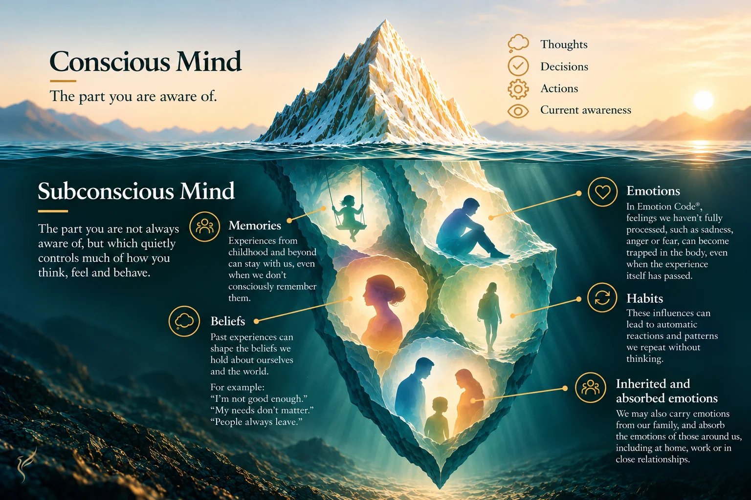 Illustration of an iceberg showing the conscious mind above water and the subconscious mind below, including memories, emotions, beliefs, habits and inherited or absorbed emotions.